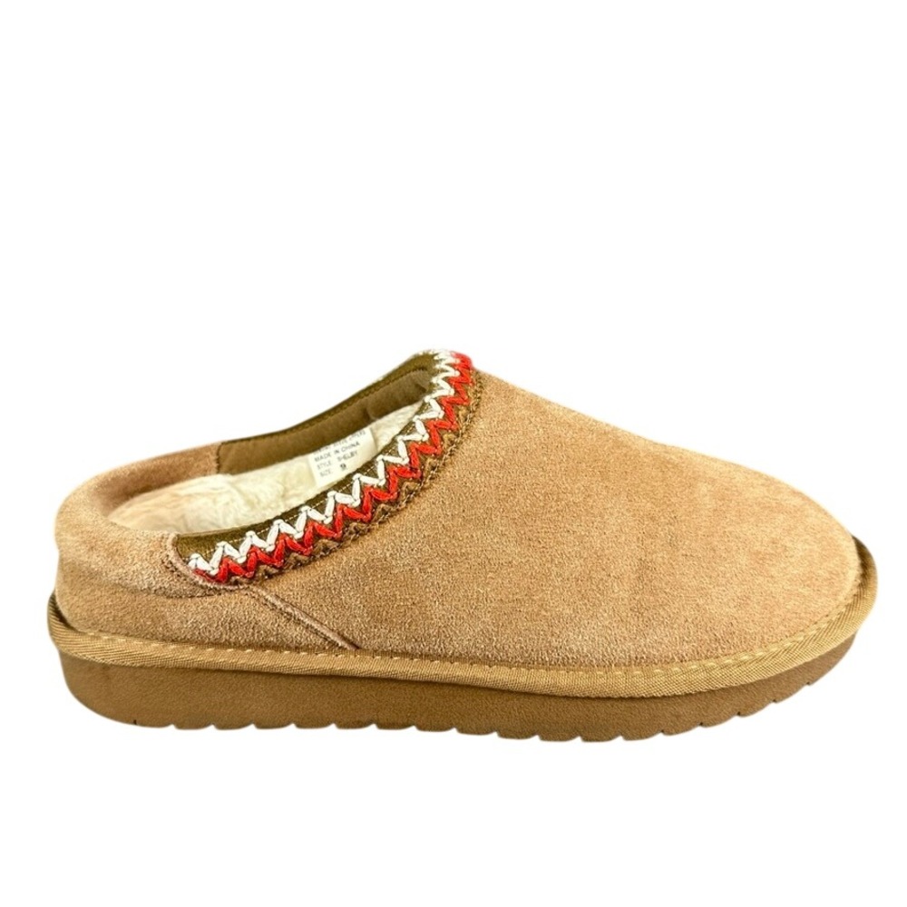 Greystone Shelby Tan Suede Faux Fur Slippers Mules Embroidered Trim Womens 9
